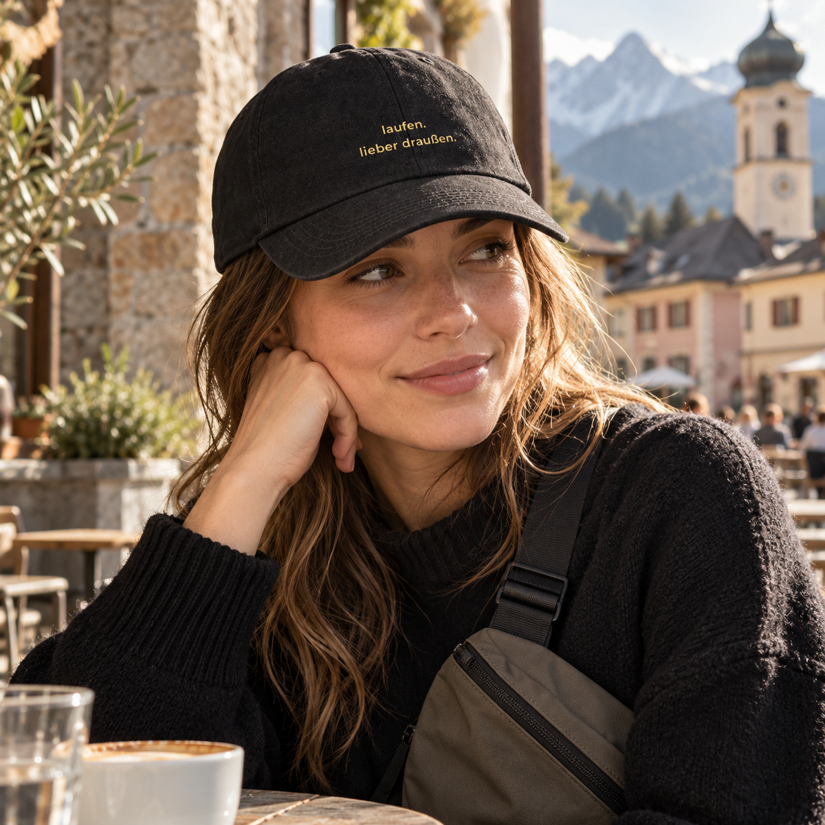 Frau mit schwarzer laufen lieber draußen Cap im urban-alpinen Streetwear-Setting