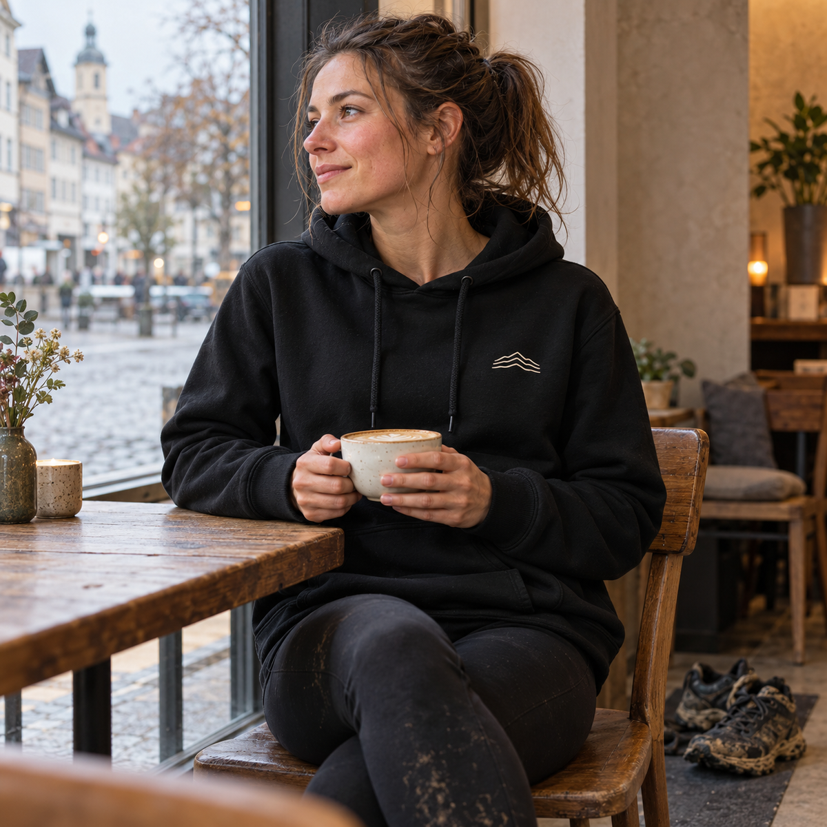 Frau im schwarzen Trailrunning Hoodie im Café nach dem Lauf