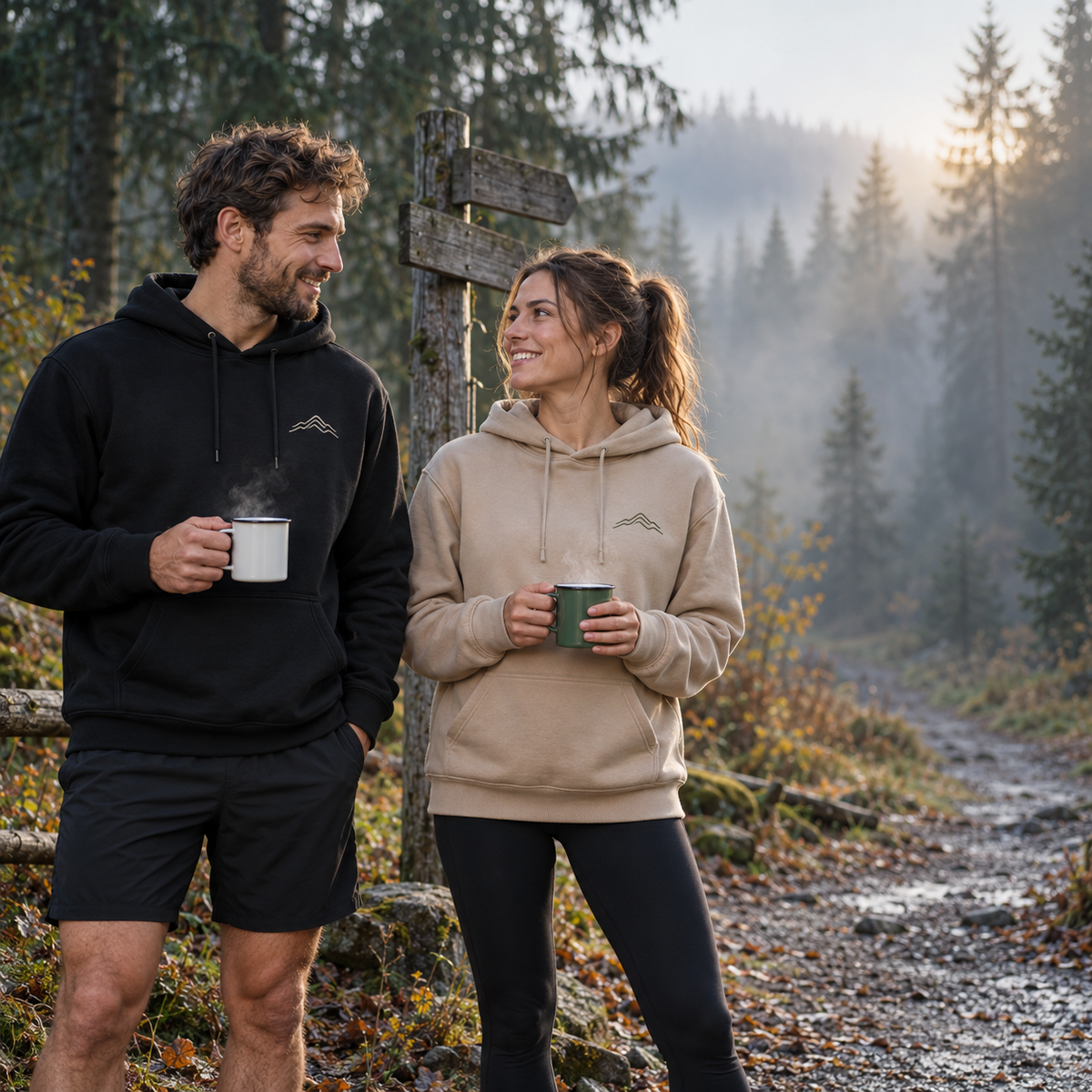 Trailrunner in Team Trailrunning Hoodie am Trailhead im Morgennebel