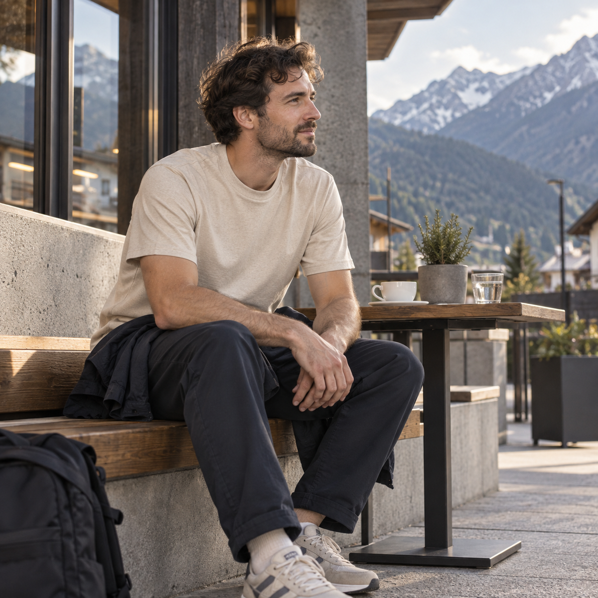 Mann im naturfarbenen Bio-T-Shirt auf einer alpinen Caféterrasse